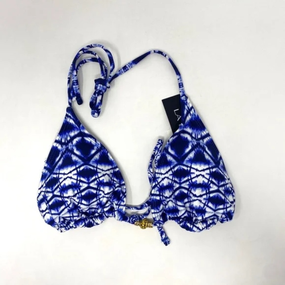 La Blanca Triangle String Bikini Top in BLB Moody Blues Gold Detail Sz 6